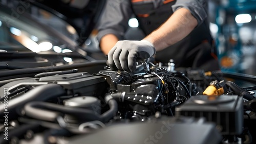 Closeup of a mechanic repairing a car engine with hands. Concept Mechanic, Car Repair, Engine Fixing, Hands-on Repair, Close-up Shot