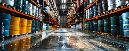 A chemical storage warehouse with rows of shelves filled with drums and containers of various chemicals photo
