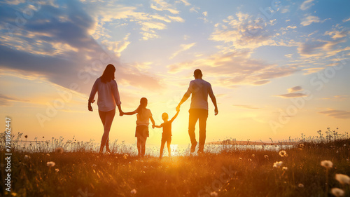 Family holding hands in a field at sunset. © Ritthichai