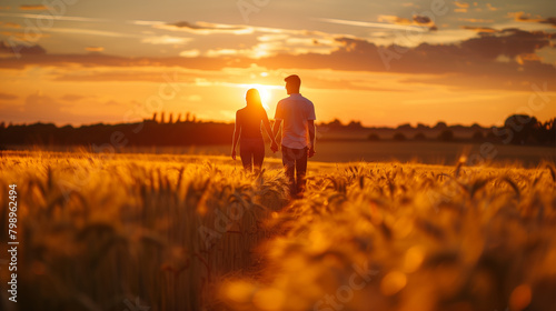A couple is holding hands in a field at sunset. Scene is romantic and peaceful