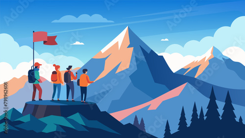 Against the backdrop of a majestic mountain range a group of hikers pause to observe a flagraising ceremony at a remote lookout point a reminder of. Vector illustration