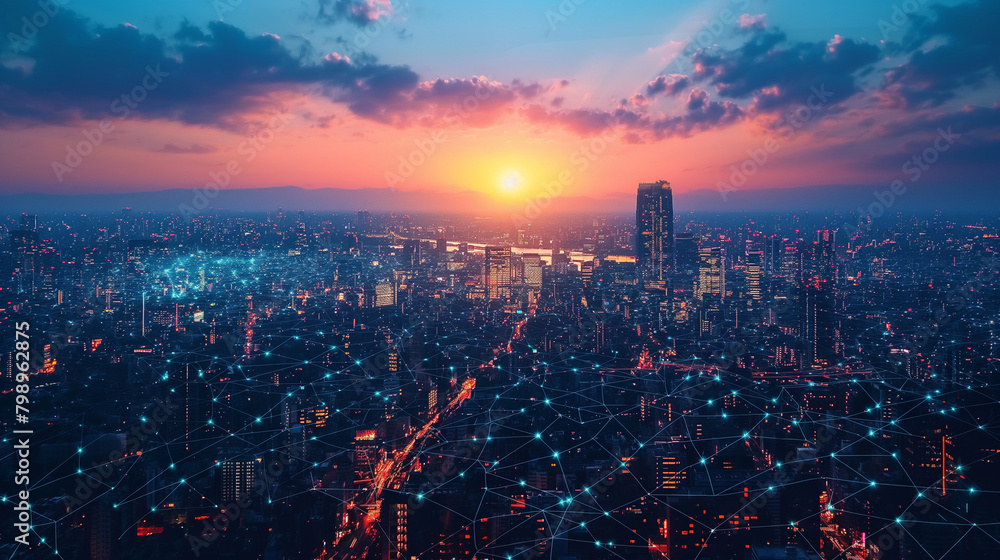 Fototapeta premium Smart digital city with connection network reciprocity over the cityscape . Concept of future smart wireless digital city and social media networking systems that connects people within the city .