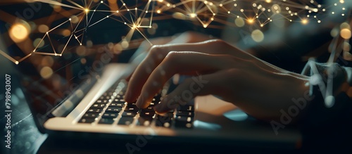 Closeup of hands typing on laptop with digital connections and network in background, concept for online business or technology use it, banner design with copy space area. ,copy space, High quality, +