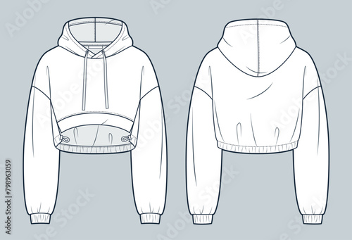 Hoodie technical fashion illustration. Hooded Sweatshirt fashion flat technical drawing template, cropped, drawstring bottom, relaxed fit, front and back view, white, women, men, unisex CAD mockup.