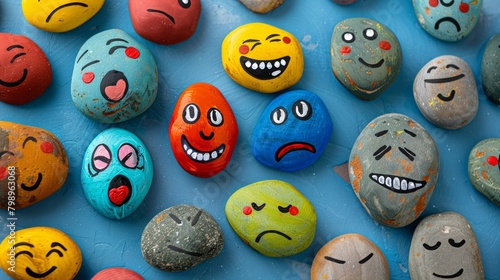 Colorful emotive characters painted on round pebbles spread across an azure backdrop with soft lighting © rorozoa