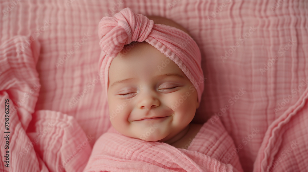 beautiful newborn baby wrapped in pink blanket sleeping, smiling beautiful newborn baby wrapped in pink blanket sleeping, smiling
