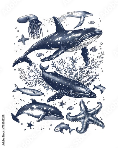 hand drawn illustration of realistic ocean animals  some sea stars  one whale  seaweed  fish  squids  with some space between the animals  navy blue ink on white paper  vintage style