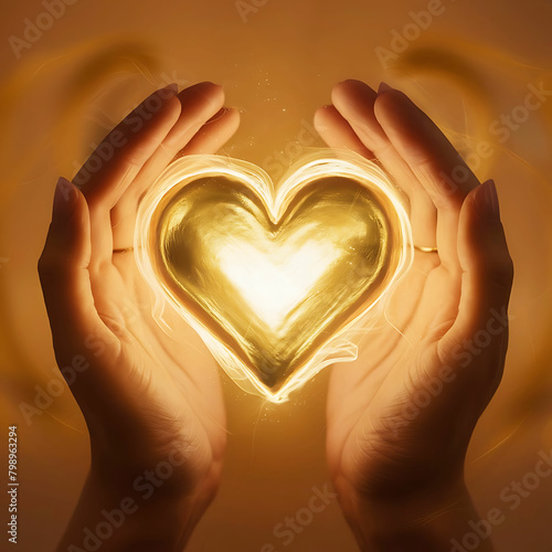 Golden heart with glow in hands