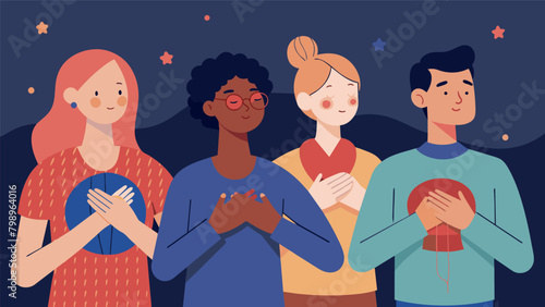 The group pauses to sing the national anthem hand over their hearts before resuming their knitting for the rest of the evening.. Vector illustration