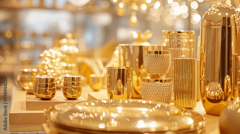 Modern gold items arranged orderly on a store counter Modern gold items arranged orderly on a store counter