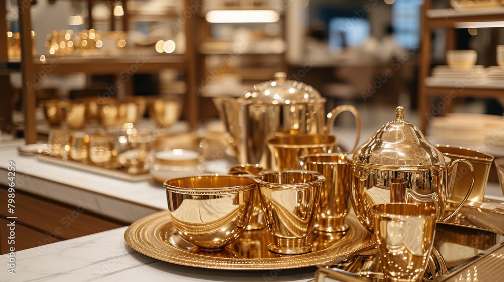 Modern gold items arranged orderly on a store counter Modern gold items arranged orderly on a store counter