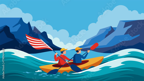 Along the rugged coastline a pair of kayakers paddle through the crashing waves their steadfast patriotism shining through with the stars and stripes. Vector illustration