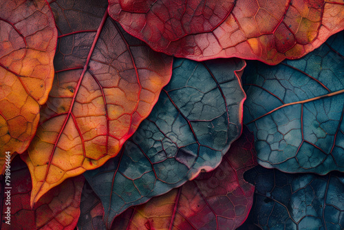 The textured surface of fallen autumn leaves  showcasing their vibrant colors and delicate veins. Autumn leaf textures offer a seasonal and natural backdrop