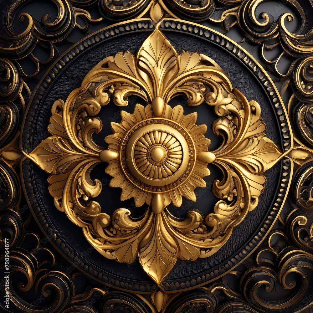 Regal Noir: Luxurious Gold Carved Pattern on Black Background Regal Noir: Luxurious Gold Carved Pattern on Black Background