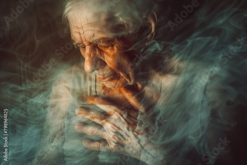 Old man holding hand on chest having heart attack, blurred vision, aging and diseases of civilization concept. photo