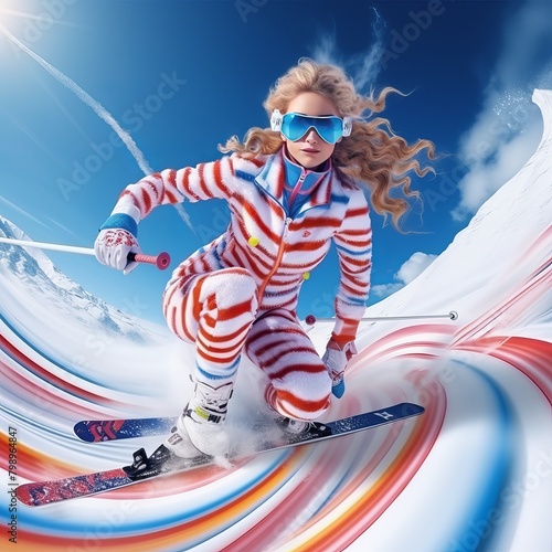 Hand drawn digital illustration of Skier skiing in winter season snow sports.