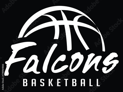 Falcons Basketball Team Graphic White Version is a sports design template that includes graphic Falcons text and a stylized basketball. This is a great modern design for advertising and promotions.