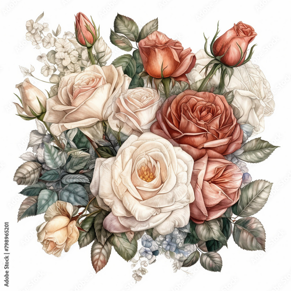 Hand-Drawn Rose Bouquet Illustration, Detailed Floral Art for Wedding, Greeting Cards, and Home Decor