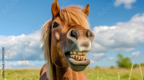 Horse smiles, its teeth sparkle in the sun, and its eyes sparkle with happiness and goodwill