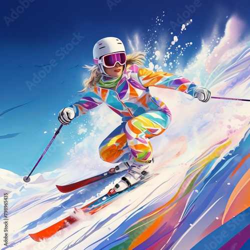 Hand drawn digital illustration of Skier skiing in winter season snow sports.