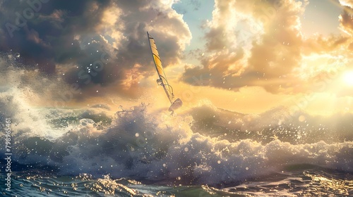 Windsurfer riding waves at sunset, dynamic water sport in ocean photo