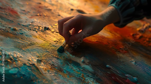 Close-up of artist s hand painting on canvas with vibrant oils