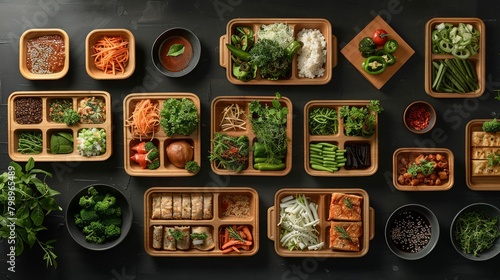 Eco-friendly packaging and green meals arrayed neatly, showcasing sustainable dining with a minimalist vibe. photo