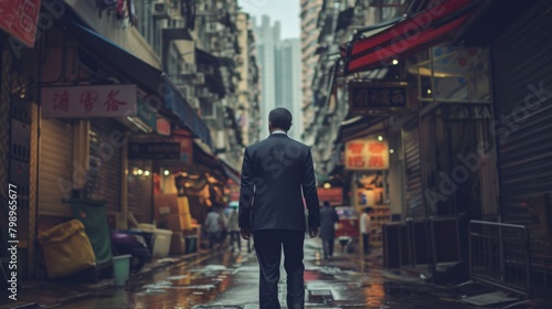 Cinematic shot of a businessman walking down a city alley