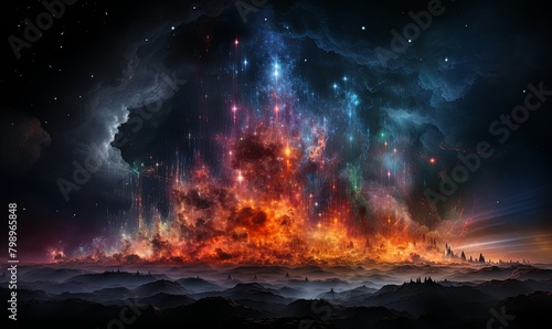 Colorful Explosion of Clouds and Stars in Night Sky