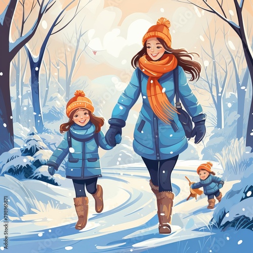 Happy family mother and children having fun in the winter season,illustration.