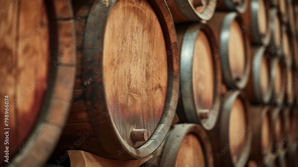 Vintage wooden barrels of wine stacked in a warehouse