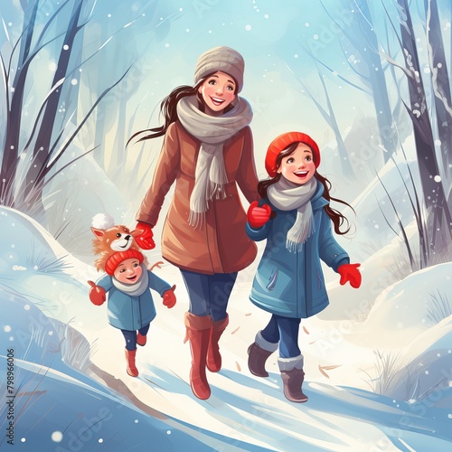 Happy family mother and children having fun in the winter season,illustration.