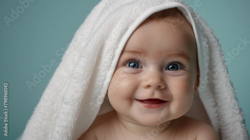 cute baby in towel hat after taking a shower