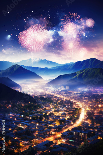 generated illustration beautiful fireworks light up night sky over grand mountain