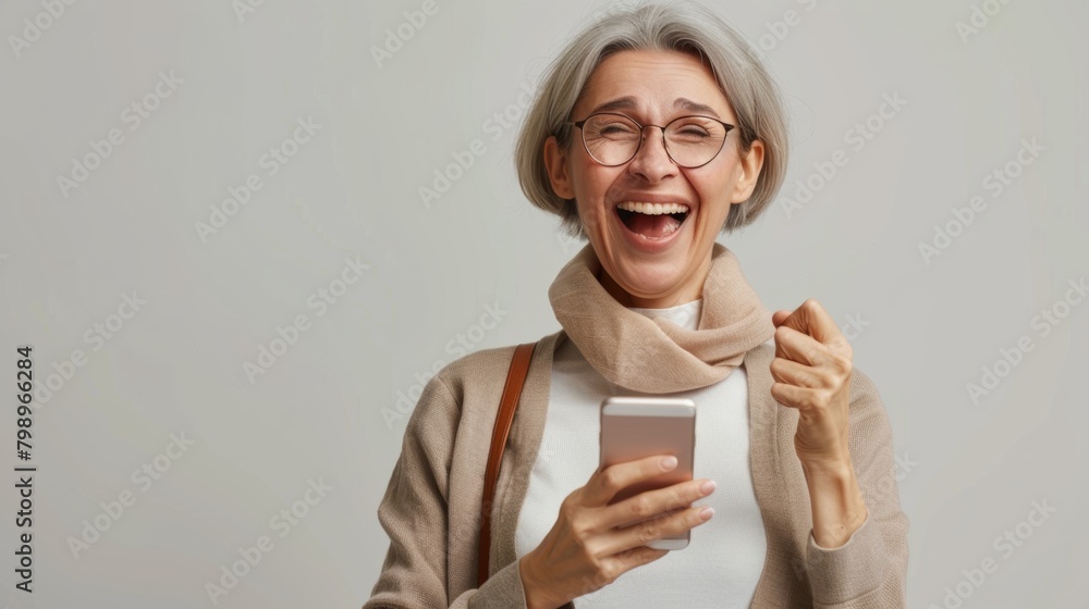 Joyful elderly woman laughing with excitement while looking at her smartphone Joyful elderly woman laughing with excitement while looking at her smartphone