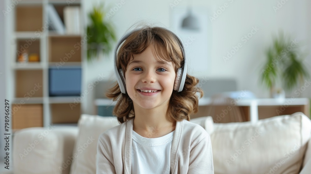 Young boy with headphones smiling, enjoying music at home Young boy with headphones smiling, enjoying music at home