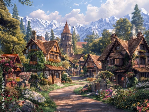 A small town with houses and a church. The town is surrounded by mountains and there is a road that leads to the town. The town has a peaceful and quaint atmosphere