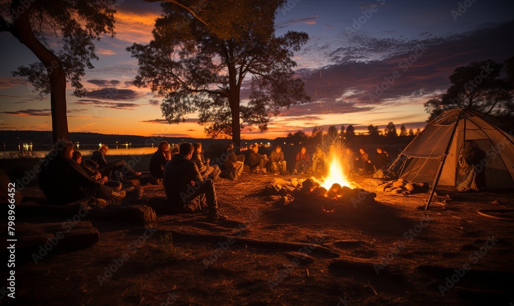 People Gathered Around Campfire at Night