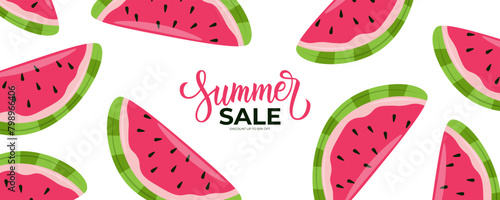Summer Sale Banner. Summertime commercial background with slices of watermelon for seasonal shopping promotion and summer sale advertising. Vector illustration.