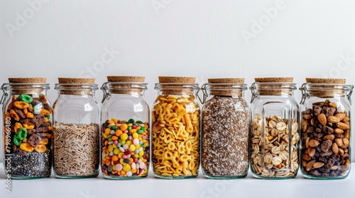 Close up photograph of glass jars containing cereals on a white background