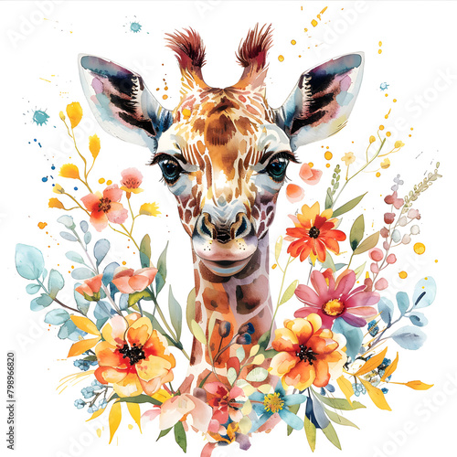 Adorable Baby Giraffe with Colorful Flowers - Vibrant PNG Illustration