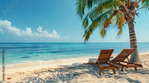 two lounge chairs on tropical beach