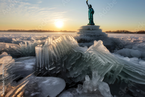 generated Illustration of frozen statue of liberty coverd by ice. photo
