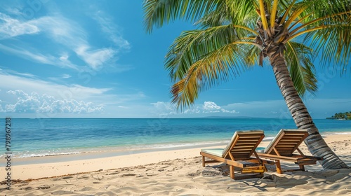 two lounge chairs on tropical beach © Vlad Kapusta