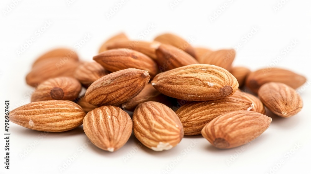 A pile of almonds on a white surface A pile of almonds on a white surface
