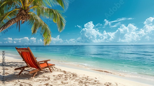 lounge chairs on tropical beach with copy space