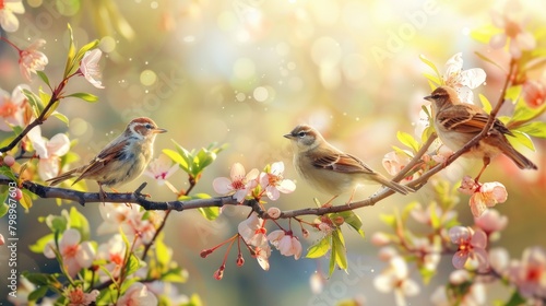 Flock of birds are singing happily on the branches of a tree with spring flower blossoms and sun light , spring season background.
