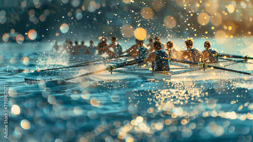 Rowing regatta with azure particles shimmering against a blurred backdrop, reflecting the precision and teamwork of rowers gliding across the water. photo