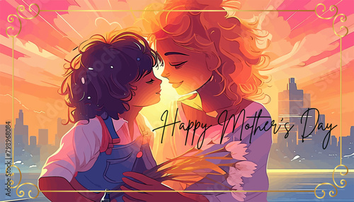 Happy Mother's Day card illustration flat design and full colored photo