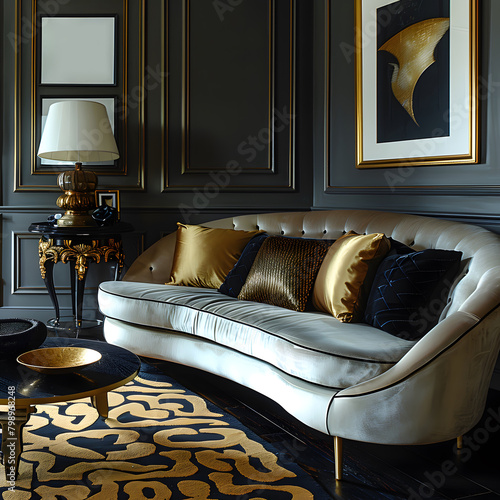 Elegant style room, interior design with luxurious furniture, sofa with gold and dark blue cushions
